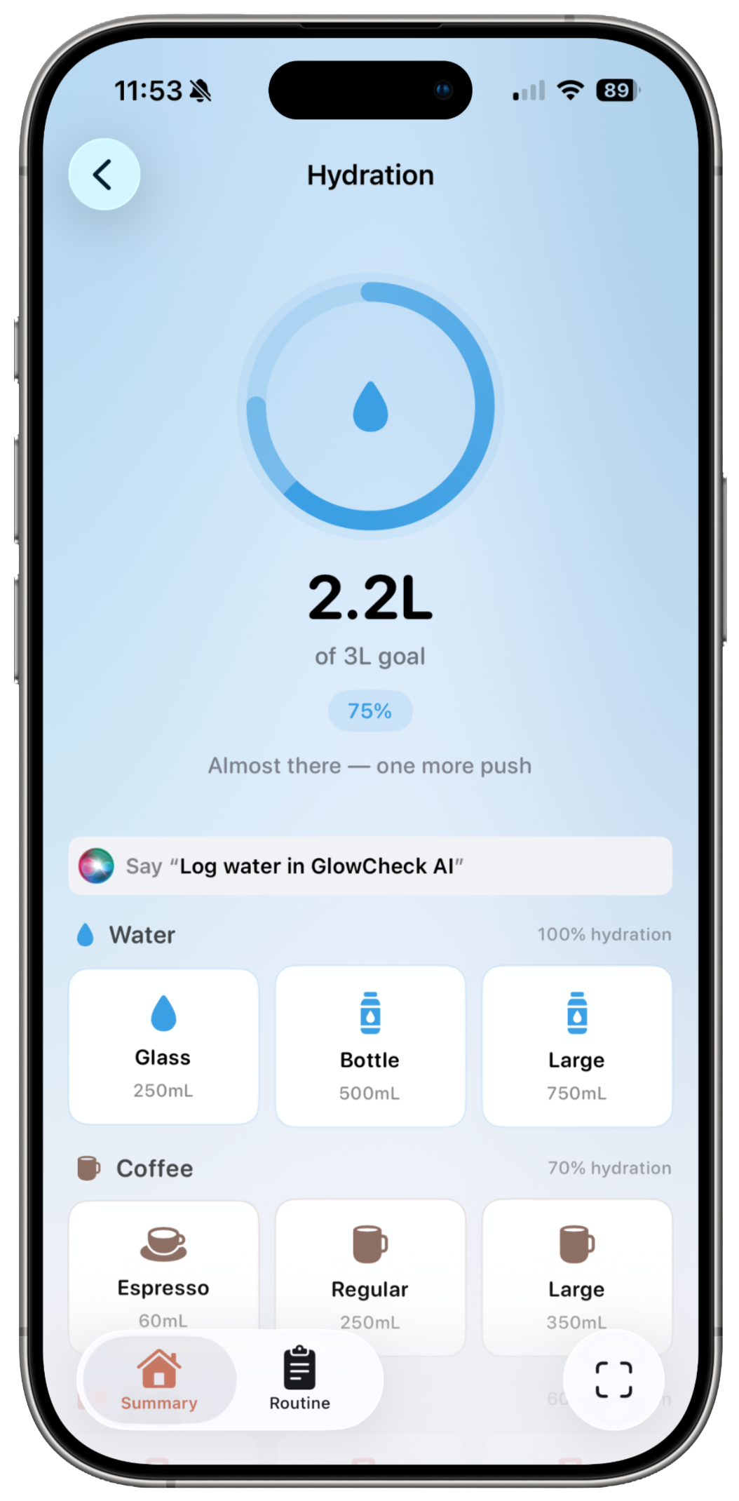 Daily water tracking with hydration goal